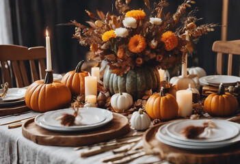 Fototapeta na wymiar Autumn table setting with pumpkins and flowers for celebration Thanksgiving dinner party in rustic village
