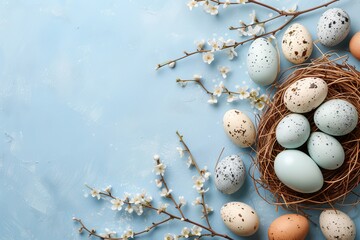 Happy Easter Eggs Basket easter columbine. Bunny in flower easter Orange Fizz decoration Garden. Cute hare 3d Lent easter rabbit spring illustration. Holy week azure blue card wallpaper vintage