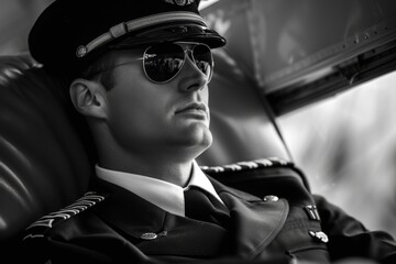 Commercial pilot in uniform idly resting or striking while wearing epaulets and hat