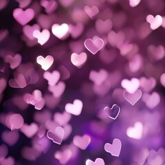 purple background various sized pink white bokeh hearts 
