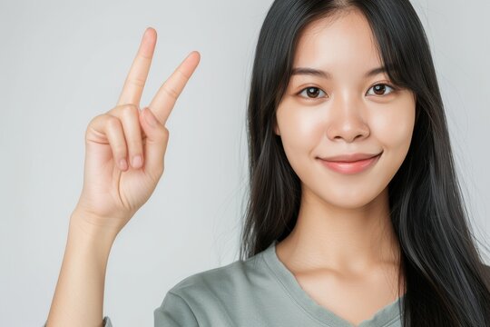 Close up of Asian woman s hand holding two fingers or peace sign on white background