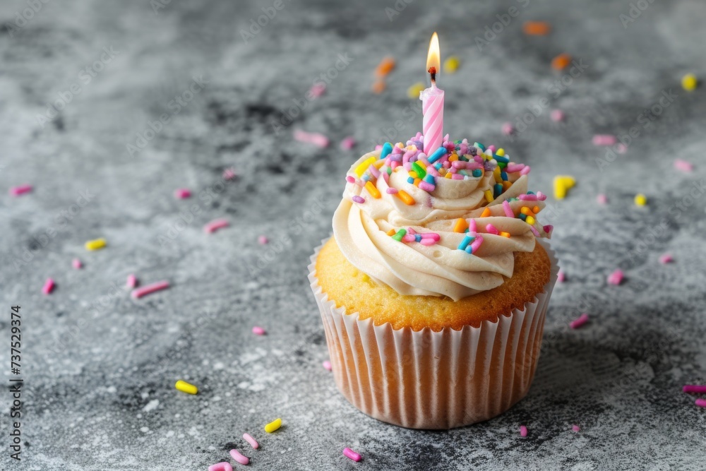 Wall mural delicious cupcake for a birthday celebration set on a gray backdrop