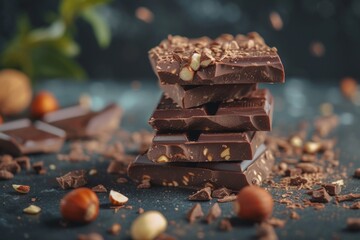 Dark chocolate chunks in a sweet food photo concept - obrazy, fototapety, plakaty
