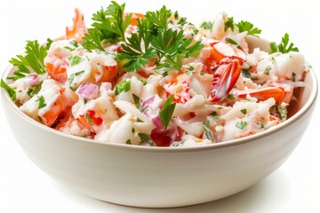 Delicious crab salad in a white bowl - obrazy, fototapety, plakaty
