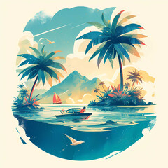 Tropical Paradise Vibes with Palm Trees and Sailing Boat