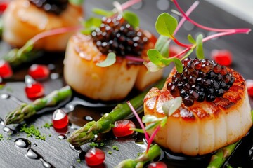 Elite food Scallops topped with black caviar asparagus pomegranate seeds microgreens and sauce