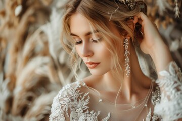 Fashion portrait of stunning blonde bride in opulent bridal attire and accessories