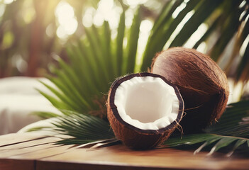 Delicious coconuts with tropical leaves on wooden table outdoor - Powered by Adobe