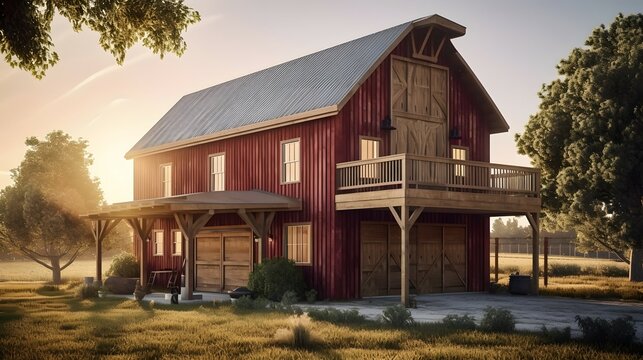 barn exterior house design, barn style, house, exterior design photography, golden hour, daytime, 4k, hyperrealistic