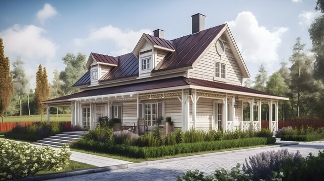 country exterior house design, country style, house, exterior design photography, daytime, 4k, hyperrealistic