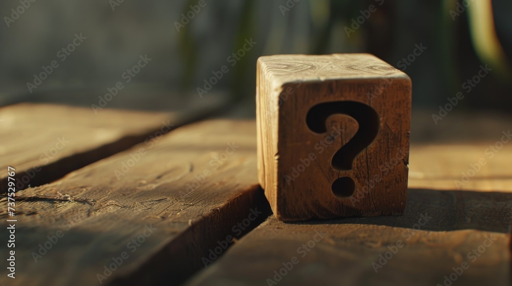 Poster A wooden block with a question mark symbol on it. Can be used to represent uncertainty or as a visual aid for quizzes, puzzles, or educational materials