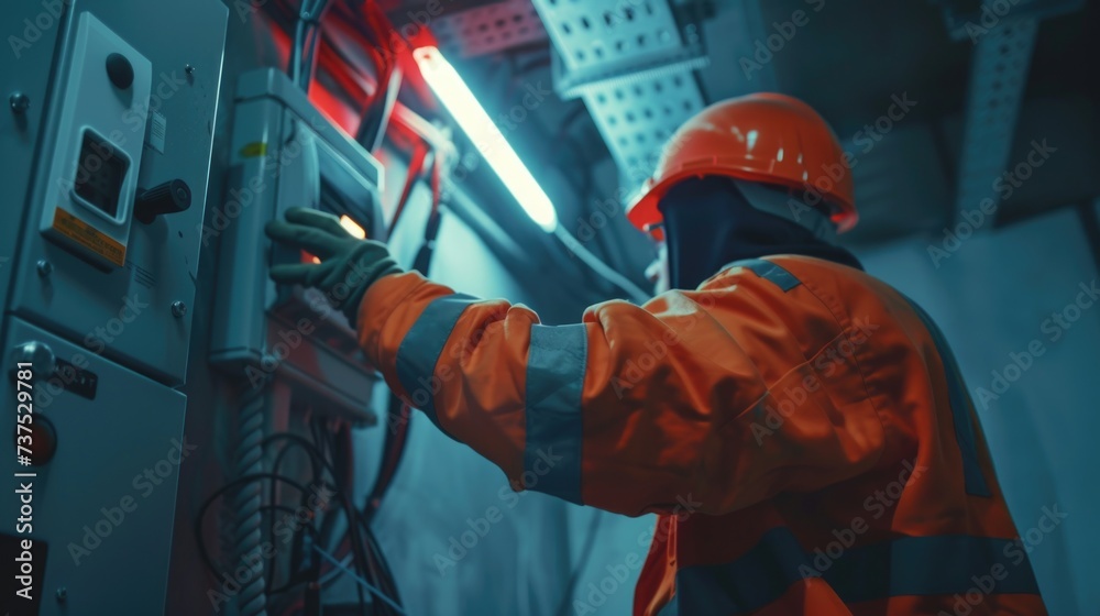 Poster a man in safety gear is seen working on a machine. this image can be used to depict industrial work 