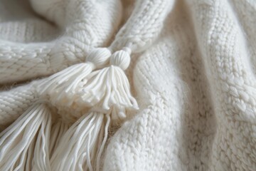 Fototapeta na wymiar Fashion background of white cashmere wool with tassel detail in close up
