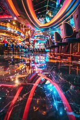 A vibrant casino floor illuminated by neon lights. Perfect for capturing the excitement and energy of a bustling casino.