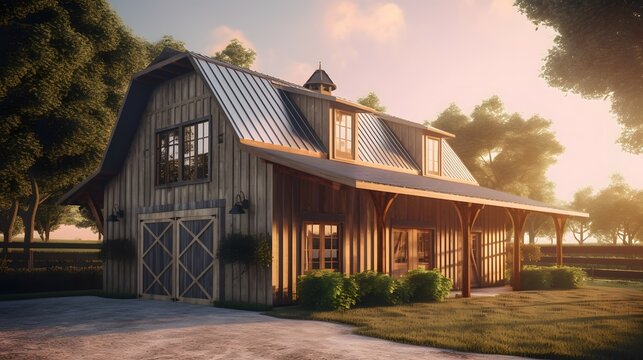 barn exterior house design, barn style, house, exterior design photography, golden hour, daytime, 4k, hyperrealistic