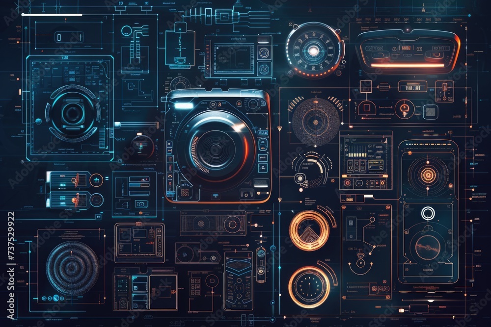 Poster a collection of various electronic devices placed on a table. ideal for illustrating technology, gad