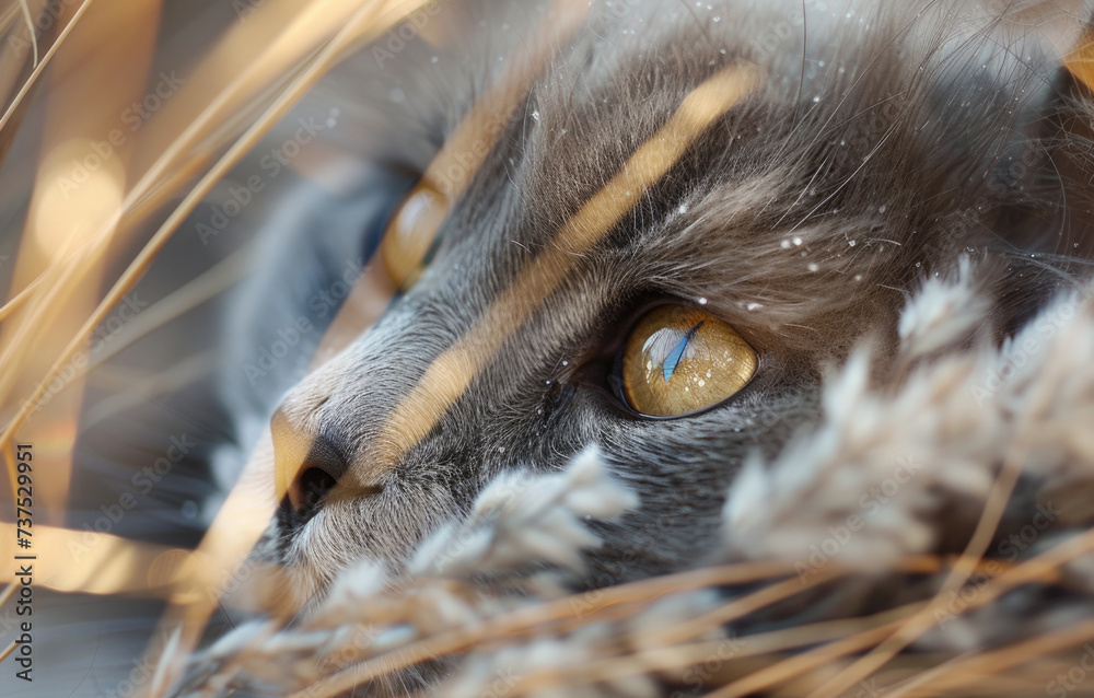 Poster a detailed view of a cat's face in the grass. suitable for various purposes