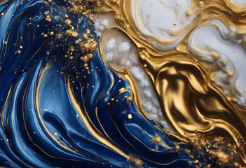 Dark blue waves in abstract ocean and golden foam Liquid acrylic artwork with flow and splash Brush...