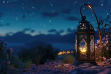 A lit lantern shining in the darkness. Can be used to symbolize hope, guiding light, or finding your way