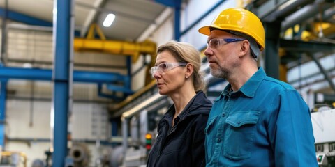 A man and a woman standing in a factory. Suitable for industrial, manufacturing, and teamwork concepts