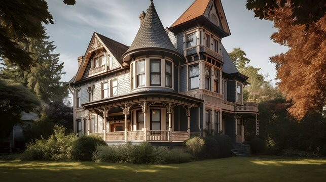 queen anne exterior house design, queen anne style, house, exterior design photography, daytime, 4k, hyperrealistic