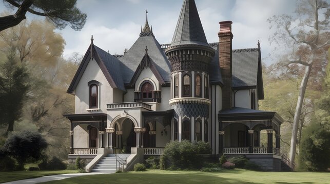 gothic revival exterior house design, gothic revival style, house, exterior design photography, daytime, 4k, hyperrealistic
