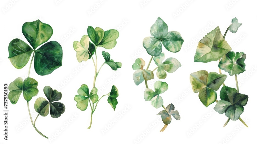 Poster a collection of vibrant watercolor illustrations showcasing various shades of green leaves. perfect 