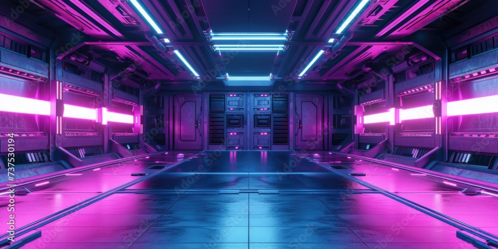 Aufkleber A room with a long table illuminated by purple lights. This image can be used to create an atmospheric and elegant setting for various events