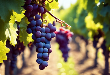 Delicious grapes in picturesque vineyard close up