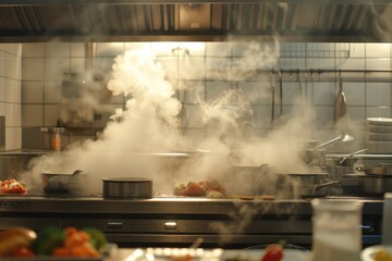 A kitchen filled with steam. Perfect for food-related projects and cooking themes