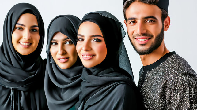 Group of beautiful Arabic muslim adults man and woman portrait in studio.