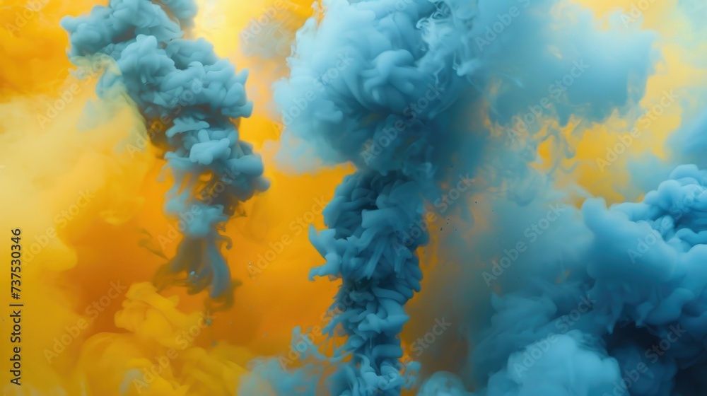 Poster a vibrant blue and yellow cloud of smoke against a bright yellow background. perfect for adding a po