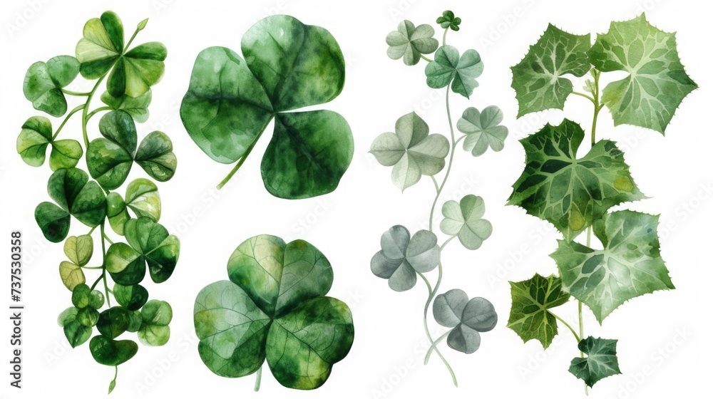 Poster a collection of vibrant watercolor illustrations showcasing various green leaves. perfect for adding