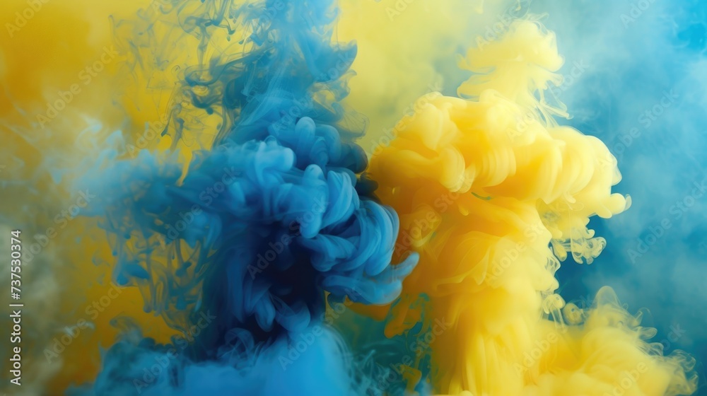 Poster a vibrant yellow and blue cloud of smoke suspended in the air. perfect for adding a burst of color a