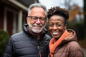Cheerful middle-aged couple with a warm embrace smiles brightly for the camera, standing outside their house on an overcast day.