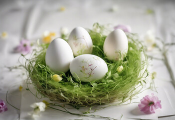 Easter creative concept Green sprouts and spring flowers in white egg Group of four easter eggs in small basket decorated with grass