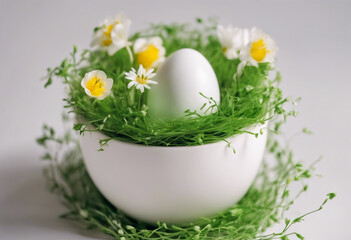 Easter creative concept Green sprouts and spring flowers in white bowl Easter egg 