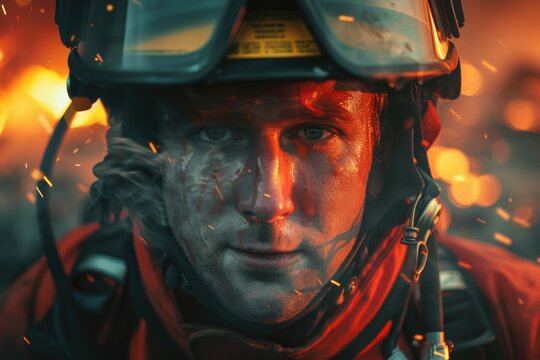 A man wearing a helmet and goggles stands in front of a fire. This image can be used to depict safety, protection, or firefighting