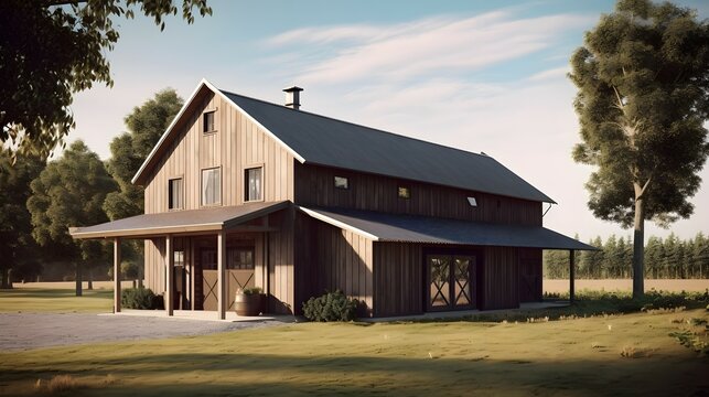 barn exterior house design, barn style, house, exterior design photography, daytime, 4k, hyperrealistic