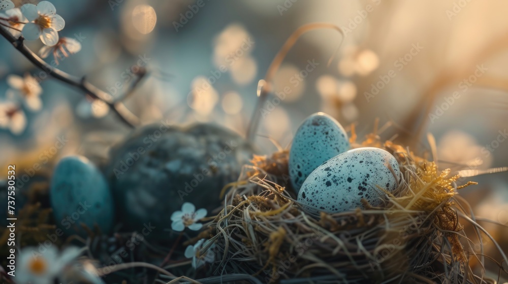 Aufkleber Three eggs are nestled in a nest, with a beautiful background of flowers. This image can be used to represent new beginnings or springtime themes