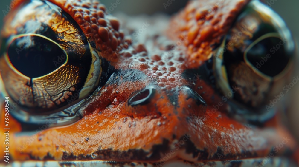 Poster A detailed close-up view of a frog's eye, with a blurry background. This image can be used to showcase the intricate details of a frog's eye and to add a touch of nature to various projects