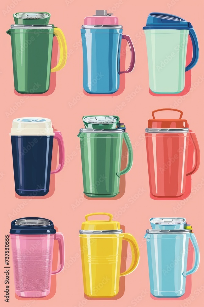 Poster different colored coffee mugs arranged on a vibrant pink background. perfect for coffee shop promoti
