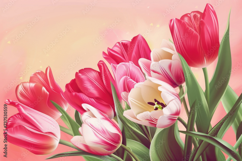 Poster a beautiful arrangement of pink and white tulips in a vase. perfect for adding a touch of elegance t