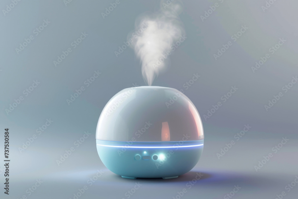 Poster a compact and stylish white and blue humidifier sitting on top of a table. perfect for adding moistu