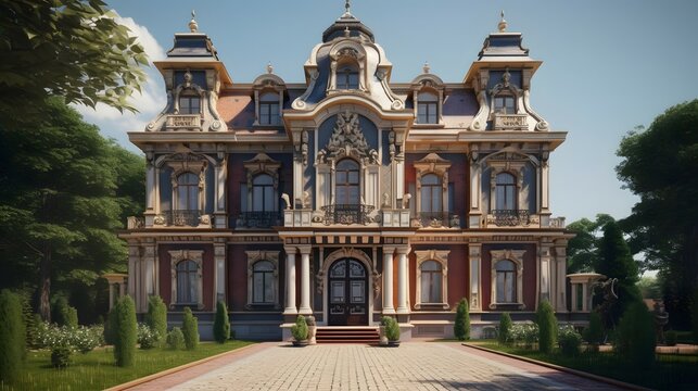 baroque exterior house design, baroque style, house, exterior design photography, daytime, 4k, hyperrealistic