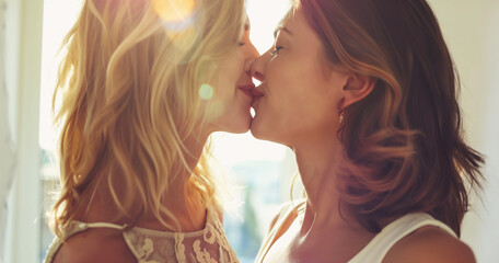 Attractive lesbian couple kissing at elopement wedding ceremony, intimate moment, in love - obrazy, fototapety, plakaty