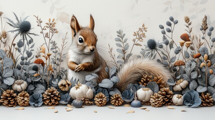 a painting of a squirrel sitting in a field of flowers and acorns in front of a white wall. - obrazy, fototapety, plakaty