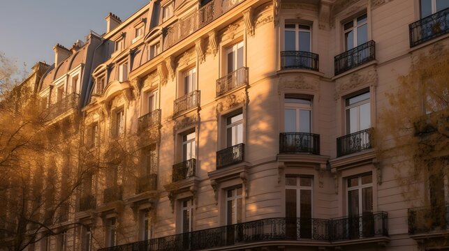 haussmann exterior house design, haussmann style, house, exterior design photography, golden hour, daytime, 4k, hyperrealistic