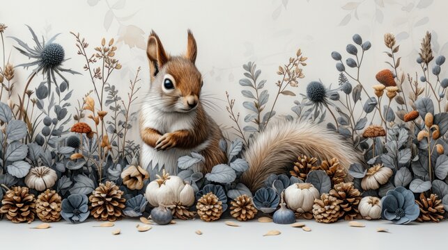 a painting of a squirrel sitting in a field of flowers and acorns in front of a white wall.