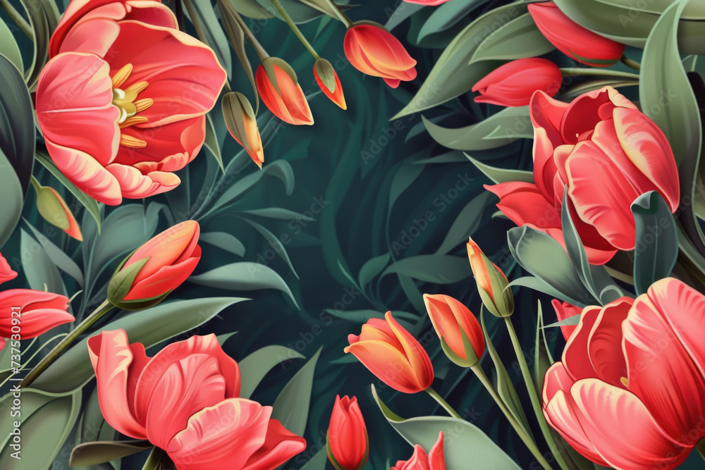 Poster a bunch of vibrant red flowers with lush green leaves. perfect for adding a pop of color to any flor